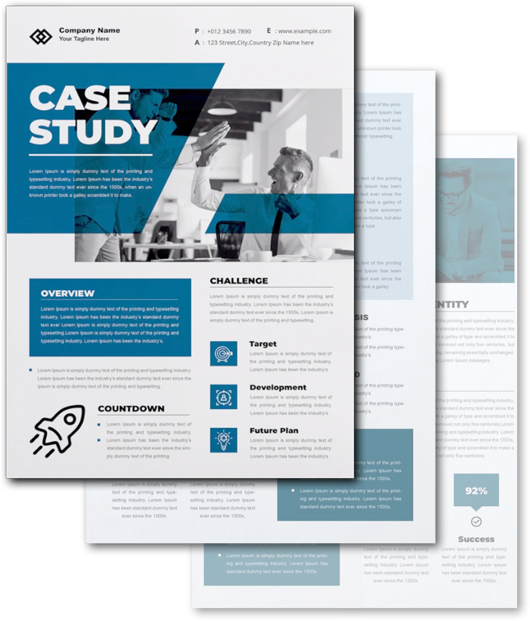 Stack of branded case study PDFs ready to share
