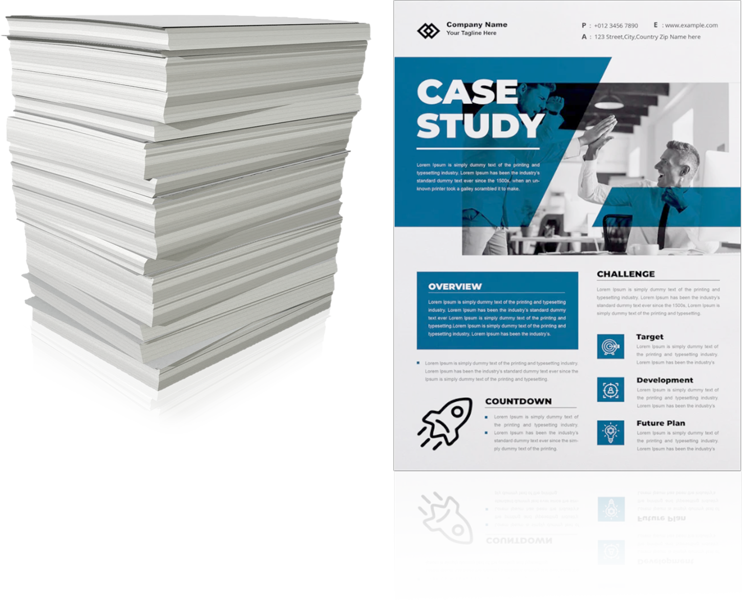 Stack of paper and a traditional case study PDF